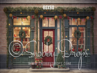 Rustic Christmas Shop Storefront Fabric Backdrop-Fabric Photography Backdrop-Snobby Drops Fabric Backdrops for Photography, Exclusive Designs by Tara Mapes Photography, Enchanted Eye Creations by Tara Mapes, photography backgrounds, photography backdrops, fast shipping, US backdrops, cheap photography backdrops