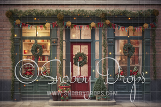 Rustic Christmas Shop Storefront Fabric Backdrop-Fabric Photography Backdrop-Snobby Drops Fabric Backdrops for Photography, Exclusive Designs by Tara Mapes Photography, Enchanted Eye Creations by Tara Mapes, photography backgrounds, photography backdrops, fast shipping, US backdrops, cheap photography backdrops