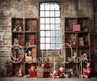 Rustic Christmas Toy Shelves Window Fabric Backdrop-Fabric Photography Backdrop-Snobby Drops Fabric Backdrops for Photography, Exclusive Designs by Tara Mapes Photography, Enchanted Eye Creations by Tara Mapes, photography backgrounds, photography backdrops, fast shipping, US backdrops, cheap photography backdrops