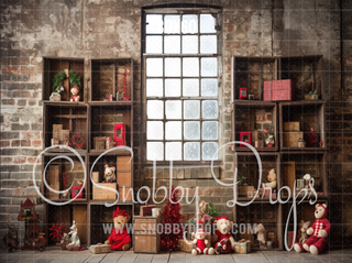 Rustic Christmas Toy Shelves Window Fabric Backdrop-Fabric Photography Backdrop-Snobby Drops Fabric Backdrops for Photography, Exclusive Designs by Tara Mapes Photography, Enchanted Eye Creations by Tara Mapes, photography backgrounds, photography backdrops, fast shipping, US backdrops, cheap photography backdrops