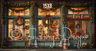 Rustic Christmas Toy Shop Storefront Fabric Backdrop-Fabric Photography Backdrop-Snobby Drops Fabric Backdrops for Photography, Exclusive Designs by Tara Mapes Photography, Enchanted Eye Creations by Tara Mapes, photography backgrounds, photography backdrops, fast shipping, US backdrops, cheap photography backdrops