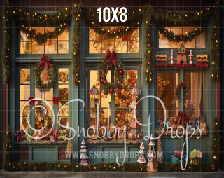 Rustic Christmas Toy Shop Storefront Fabric Backdrop-Fabric Photography Backdrop-Snobby Drops Fabric Backdrops for Photography, Exclusive Designs by Tara Mapes Photography, Enchanted Eye Creations by Tara Mapes, photography backgrounds, photography backdrops, fast shipping, US backdrops, cheap photography backdrops