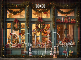 Rustic Christmas Toy Shop Storefront Fabric Backdrop-Fabric Photography Backdrop-Snobby Drops Fabric Backdrops for Photography, Exclusive Designs by Tara Mapes Photography, Enchanted Eye Creations by Tara Mapes, photography backgrounds, photography backdrops, fast shipping, US backdrops, cheap photography backdrops