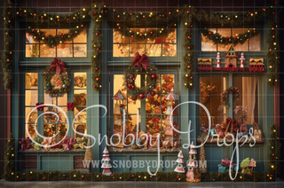 Rustic Christmas Toy Shop Storefront Fabric Backdrop-Fabric Photography Backdrop-Snobby Drops Fabric Backdrops for Photography, Exclusive Designs by Tara Mapes Photography, Enchanted Eye Creations by Tara Mapes, photography backgrounds, photography backdrops, fast shipping, US backdrops, cheap photography backdrops