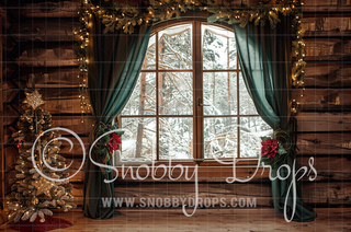 Rustic Christmas Window with Green Curtains Fabric Photography Backdrop-Fabric Photography Backdrop-Snobby Drops Fabric Backdrops for Photography, Exclusive Designs by Tara Mapes Photography, Enchanted Eye Creations by Tara Mapes, photography backgrounds, photography backdrops, fast shipping, US backdrops, cheap photography backdrops