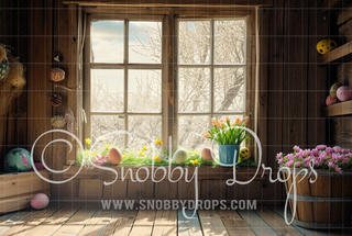 Rustic Easter Cabin Window Fabric Backdrop-Fabric Photography Backdrop-Snobby Drops Fabric Backdrops for Photography, Exclusive Designs by Tara Mapes Photography, Enchanted Eye Creations by Tara Mapes, photography backgrounds, photography backdrops, fast shipping, US backdrops, cheap photography backdrops