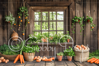 Rustic Easter Carrot Cabin Window Fabric Backdrop-Fabric Photography Backdrop-Snobby Drops Fabric Backdrops for Photography, Exclusive Designs by Tara Mapes Photography, Enchanted Eye Creations by Tara Mapes, photography backgrounds, photography backdrops, fast shipping, US backdrops, cheap photography backdrops