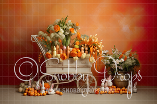 Rustic Easter Carrot Cart with Orange Wall Fabric Backdrop-Fabric Photography Backdrop-Snobby Drops Fabric Backdrops for Photography, Exclusive Designs by Tara Mapes Photography, Enchanted Eye Creations by Tara Mapes, photography backgrounds, photography backdrops, fast shipping, US backdrops, cheap photography backdrops