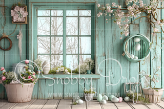 Rustic Easter Egg Cabin Window Fabric Backdrop-Fabric Photography Backdrop-Snobby Drops Fabric Backdrops for Photography, Exclusive Designs by Tara Mapes Photography, Enchanted Eye Creations by Tara Mapes, photography backgrounds, photography backdrops, fast shipping, US backdrops, cheap photography backdrops