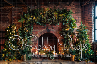 Rustic Garland Christmas Fireplace Fabric Backdrop-Fabric Photography Backdrop-Snobby Drops Fabric Backdrops for Photography, Exclusive Designs by Tara Mapes Photography, Enchanted Eye Creations by Tara Mapes, photography backgrounds, photography backdrops, fast shipping, US backdrops, cheap photography backdrops