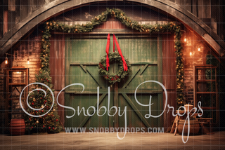 Rustic Green Christmas Barn Door Fabric Backdrop-Fabric Photography Backdrop-Snobby Drops Fabric Backdrops for Photography, Exclusive Designs by Tara Mapes Photography, Enchanted Eye Creations by Tara Mapes, photography backgrounds, photography backdrops, fast shipping, US backdrops, cheap photography backdrops