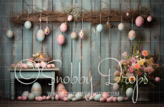 Rustic Hanging Easter Eggs Fabric Backdrop-Fabric Photography Backdrop-Snobby Drops Fabric Backdrops for Photography, Exclusive Designs by Tara Mapes Photography, Enchanted Eye Creations by Tara Mapes, photography backgrounds, photography backdrops, fast shipping, US backdrops, cheap photography backdrops