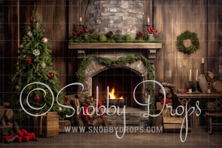 Rustic Holiday Fireplace Fabric Backdrop-Fabric Photography Backdrop-Snobby Drops Fabric Backdrops for Photography, Exclusive Designs by Tara Mapes Photography, Enchanted Eye Creations by Tara Mapes, photography backgrounds, photography backdrops, fast shipping, US backdrops, cheap photography backdrops