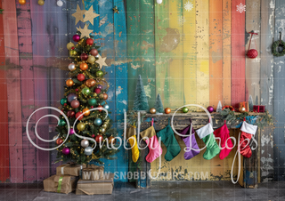 Rustic Rainbow Fireplace with Stockings Fabric Backdrop-Fabric Photography Backdrop-Snobby Drops Fabric Backdrops for Photography, Exclusive Designs by Tara Mapes Photography, Enchanted Eye Creations by Tara Mapes, photography backgrounds, photography backdrops, fast shipping, US backdrops, cheap photography backdrops