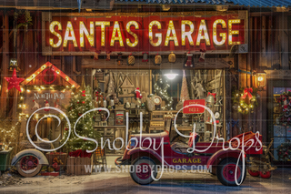Rustic Santa's Garage Fabric Backdrop-Fabric Photography Backdrop-Snobby Drops Fabric Backdrops for Photography, Exclusive Designs by Tara Mapes Photography, Enchanted Eye Creations by Tara Mapes, photography backgrounds, photography backdrops, fast shipping, US backdrops, cheap photography backdrops