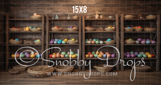 Rustic Shelves of Easter Eggs Fabric Backdrop-Fabric Photography Backdrop-Snobby Drops Fabric Backdrops for Photography, Exclusive Designs by Tara Mapes Photography, Enchanted Eye Creations by Tara Mapes, photography backgrounds, photography backdrops, fast shipping, US backdrops, cheap photography backdrops