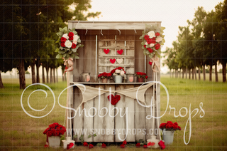 Rustic Valentine Kissing Booth Fabric Backdrop-Fabric Photography Backdrop-Snobby Drops Fabric Backdrops for Photography, Exclusive Designs by Tara Mapes Photography, Enchanted Eye Creations by Tara Mapes, photography backgrounds, photography backdrops, fast shipping, US backdrops, cheap photography backdrops