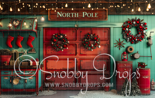 Santa's Car Garage Fabric Backdrop-Fabric Photography Backdrop-Snobby Drops Fabric Backdrops for Photography, Exclusive Designs by Tara Mapes Photography, Enchanted Eye Creations by Tara Mapes, photography backgrounds, photography backdrops, fast shipping, US backdrops, cheap photography backdrops