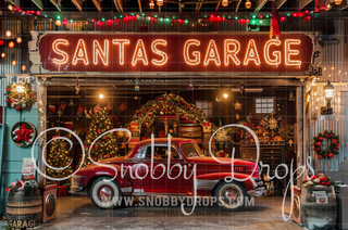 Santa's Car Garage Fabric Backdrop-Fabric Photography Backdrop-Snobby Drops Fabric Backdrops for Photography, Exclusive Designs by Tara Mapes Photography, Enchanted Eye Creations by Tara Mapes, photography backgrounds, photography backdrops, fast shipping, US backdrops, cheap photography backdrops