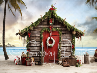 Santa's Christmas Beach Shack Fabric Backdrop-Fabric Photography Backdrop-Snobby Drops Fabric Backdrops for Photography, Exclusive Designs by Tara Mapes Photography, Enchanted Eye Creations by Tara Mapes, photography backgrounds, photography backdrops, fast shipping, US backdrops, cheap photography backdrops