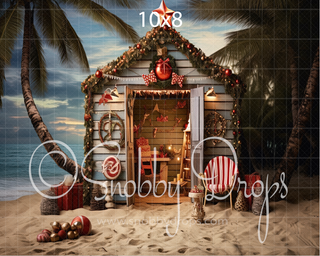 Santa's Christmas Beach Shack Fabric Backdrop-Fabric Photography Backdrop-Snobby Drops Fabric Backdrops for Photography, Exclusive Designs by Tara Mapes Photography, Enchanted Eye Creations by Tara Mapes, photography backgrounds, photography backdrops, fast shipping, US backdrops, cheap photography backdrops