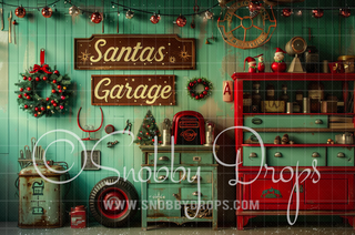 Santa's Garage Fabric Backdrop-Fabric Photography Backdrop-Snobby Drops Fabric Backdrops for Photography, Exclusive Designs by Tara Mapes Photography, Enchanted Eye Creations by Tara Mapes, photography backgrounds, photography backdrops, fast shipping, US backdrops, cheap photography backdrops