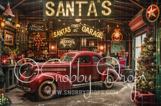 Santa's Garage with Car Fabric Backdrop-Fabric Photography Backdrop-Snobby Drops Fabric Backdrops for Photography, Exclusive Designs by Tara Mapes Photography, Enchanted Eye Creations by Tara Mapes, photography backgrounds, photography backdrops, fast shipping, US backdrops, cheap photography backdrops