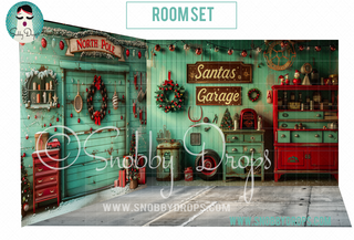 Santa's North Pole Garage Christmas 3 Piece Room Set-Photography Backdrop 3P Room Set-Snobby Drops Fabric Backdrops for Photography, Exclusive Designs by Tara Mapes Photography, Enchanted Eye Creations by Tara Mapes, photography backgrounds, photography backdrops, fast shipping, US backdrops, cheap photography backdrops