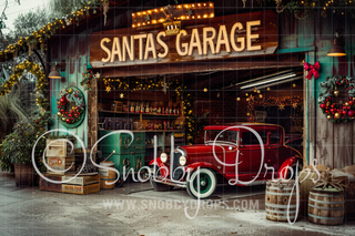 Santa's Old Time Garage with Car Fabric Backdrop-Fabric Photography Backdrop-Snobby Drops Fabric Backdrops for Photography, Exclusive Designs by Tara Mapes Photography, Enchanted Eye Creations by Tara Mapes, photography backgrounds, photography backdrops, fast shipping, US backdrops, cheap photography backdrops