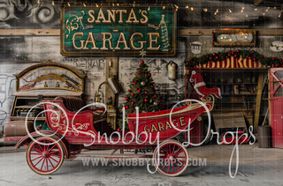 Santa's Sleigh Garage Fabric Backdrop-Fabric Photography Backdrop-Snobby Drops Fabric Backdrops for Photography, Exclusive Designs by Tara Mapes Photography, Enchanted Eye Creations by Tara Mapes, photography backgrounds, photography backdrops, fast shipping, US backdrops, cheap photography backdrops