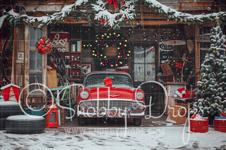 Santa's Vintage Garage with Car Fabric Backdrop-Fabric Photography Backdrop-Snobby Drops Fabric Backdrops for Photography, Exclusive Designs by Tara Mapes Photography, Enchanted Eye Creations by Tara Mapes, photography backgrounds, photography backdrops, fast shipping, US backdrops, cheap photography backdrops