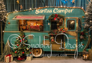 Santa's Vintage Teal Christmas Camper Fabric Backdrop-Fabric Photography Backdrop-Snobby Drops Fabric Backdrops for Photography, Exclusive Designs by Tara Mapes Photography, Enchanted Eye Creations by Tara Mapes, photography backgrounds, photography backdrops, fast shipping, US backdrops, cheap photography backdrops