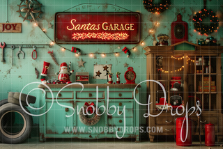 Santa's Work Garage Fabric Backdrop-Fabric Photography Backdrop-Snobby Drops Fabric Backdrops for Photography, Exclusive Designs by Tara Mapes Photography, Enchanted Eye Creations by Tara Mapes, photography backgrounds, photography backdrops, fast shipping, US backdrops, cheap photography backdrops