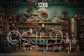 Santa's Workshop Fabric Backdrop-Fabric Photography Backdrop-Snobby Drops Fabric Backdrops for Photography, Exclusive Designs by Tara Mapes Photography, Enchanted Eye Creations by Tara Mapes, photography backgrounds, photography backdrops, fast shipping, US backdrops, cheap photography backdrops