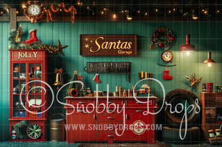 Santa's Workshop Garage Fabric Backdrop-Fabric Photography Backdrop-Snobby Drops Fabric Backdrops for Photography, Exclusive Designs by Tara Mapes Photography, Enchanted Eye Creations by Tara Mapes, photography backgrounds, photography backdrops, fast shipping, US backdrops, cheap photography backdrops