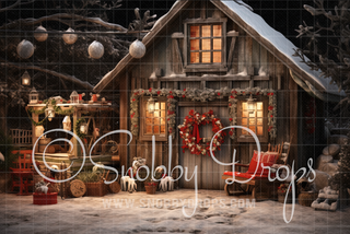 Shabby Chic Christmas Barn Fabric Backdrop-Fabric Photography Backdrop-Snobby Drops Fabric Backdrops for Photography, Exclusive Designs by Tara Mapes Photography, Enchanted Eye Creations by Tara Mapes, photography backgrounds, photography backdrops, fast shipping, US backdrops, cheap photography backdrops