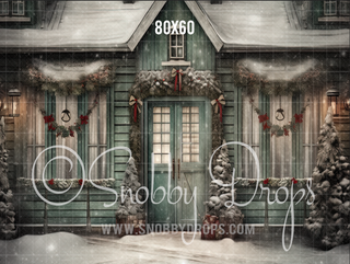 Shabby Chic Christmas House Fabric Backdrop-Fabric Photography Backdrop-Snobby Drops Fabric Backdrops for Photography, Exclusive Designs by Tara Mapes Photography, Enchanted Eye Creations by Tara Mapes, photography backgrounds, photography backdrops, fast shipping, US backdrops, cheap photography backdrops