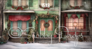 Shabby Chic Christmas House Fabric Backdrop-Fabric Photography Backdrop-Snobby Drops Fabric Backdrops for Photography, Exclusive Designs by Tara Mapes Photography, Enchanted Eye Creations by Tara Mapes, photography backgrounds, photography backdrops, fast shipping, US backdrops, cheap photography backdrops