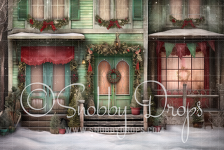 Shabby Chic Christmas House Fabric Backdrop-Fabric Photography Backdrop-Snobby Drops Fabric Backdrops for Photography, Exclusive Designs by Tara Mapes Photography, Enchanted Eye Creations by Tara Mapes, photography backgrounds, photography backdrops, fast shipping, US backdrops, cheap photography backdrops