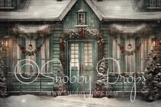 Shabby Chic Christmas House Fabric Backdrop-Fabric Photography Backdrop-Snobby Drops Fabric Backdrops for Photography, Exclusive Designs by Tara Mapes Photography, Enchanted Eye Creations by Tara Mapes, photography backgrounds, photography backdrops, fast shipping, US backdrops, cheap photography backdrops