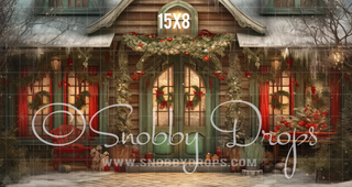 Shabby Chic Green and Red Christmas Porch Fabric Backdrop-Fabric Photography Backdrop-Snobby Drops Fabric Backdrops for Photography, Exclusive Designs by Tara Mapes Photography, Enchanted Eye Creations by Tara Mapes, photography backgrounds, photography backdrops, fast shipping, US backdrops, cheap photography backdrops