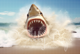 Shark on Beach Jumping Shark Fabric Backdrop-Fabric Photography Backdrop-Snobby Drops Fabric Backdrops for Photography, Exclusive Designs by Tara Mapes Photography, Enchanted Eye Creations by Tara Mapes, photography backgrounds, photography backdrops, fast shipping, US backdrops, cheap photography backdrops