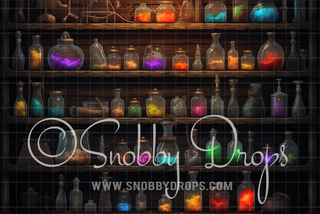 Shelves of Potions Fabric Backdrop-Fabric Photography Backdrop-Snobby Drops Fabric Backdrops for Photography, Exclusive Designs by Tara Mapes Photography, Enchanted Eye Creations by Tara Mapes, photography backgrounds, photography backdrops, fast shipping, US backdrops, cheap photography backdrops