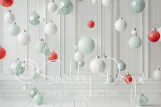 Shiny Christmas Ornaments Hanging Fabric Backdrop-Fabric Photography Backdrop-Snobby Drops Fabric Backdrops for Photography, Exclusive Designs by Tara Mapes Photography, Enchanted Eye Creations by Tara Mapes, photography backgrounds, photography backdrops, fast shipping, US backdrops, cheap photography backdrops