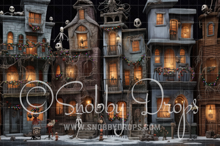 Skelly Bells Christmas Town of Houses Fabric Backdrop-Fabric Photography Backdrop-Snobby Drops Fabric Backdrops for Photography, Exclusive Designs by Tara Mapes Photography, Enchanted Eye Creations by Tara Mapes, photography backgrounds, photography backdrops, fast shipping, US backdrops, cheap photography backdrops