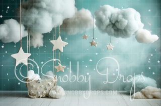 Sleepy Clouds and Stars Cake Smash Backdrop-Fabric Photography Backdrop-Snobby Drops Fabric Backdrops for Photography, Exclusive Designs by Tara Mapes Photography, Enchanted Eye Creations by Tara Mapes, photography backgrounds, photography backdrops, fast shipping, US backdrops, cheap photography backdrops