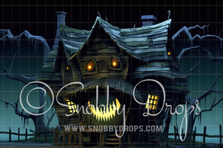 Smiling Haunted House with Face Halloween Fabric Backdrop-Fabric Photography Backdrop-Snobby Drops Fabric Backdrops for Photography, Exclusive Designs by Tara Mapes Photography, Enchanted Eye Creations by Tara Mapes, photography backgrounds, photography backdrops, fast shipping, US backdrops, cheap photography backdrops