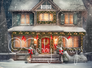 Snowy Christmas House Fabric Backdrop-Fabric Photography Backdrop-Snobby Drops Fabric Backdrops for Photography, Exclusive Designs by Tara Mapes Photography, Enchanted Eye Creations by Tara Mapes, photography backgrounds, photography backdrops, fast shipping, US backdrops, cheap photography backdrops