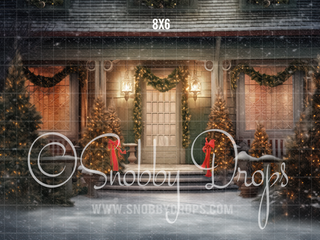 Snowy Christmas Porch Fabric Backdrop-Fabric Photography Backdrop-Snobby Drops Fabric Backdrops for Photography, Exclusive Designs by Tara Mapes Photography, Enchanted Eye Creations by Tara Mapes, photography backgrounds, photography backdrops, fast shipping, US backdrops, cheap photography backdrops