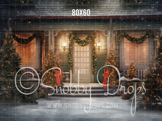 Snowy Christmas Porch Fabric Backdrop-Fabric Photography Backdrop-Snobby Drops Fabric Backdrops for Photography, Exclusive Designs by Tara Mapes Photography, Enchanted Eye Creations by Tara Mapes, photography backgrounds, photography backdrops, fast shipping, US backdrops, cheap photography backdrops